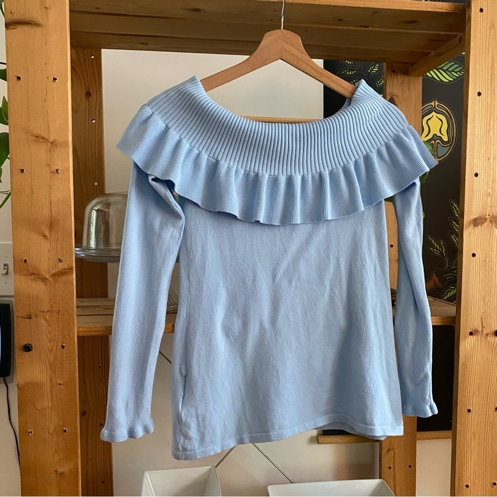 Lilly Pulitzer Off the Shoulder Ruffle Siesta Sweater Crew Periwinkle Blue Small - Picture 6 of 14